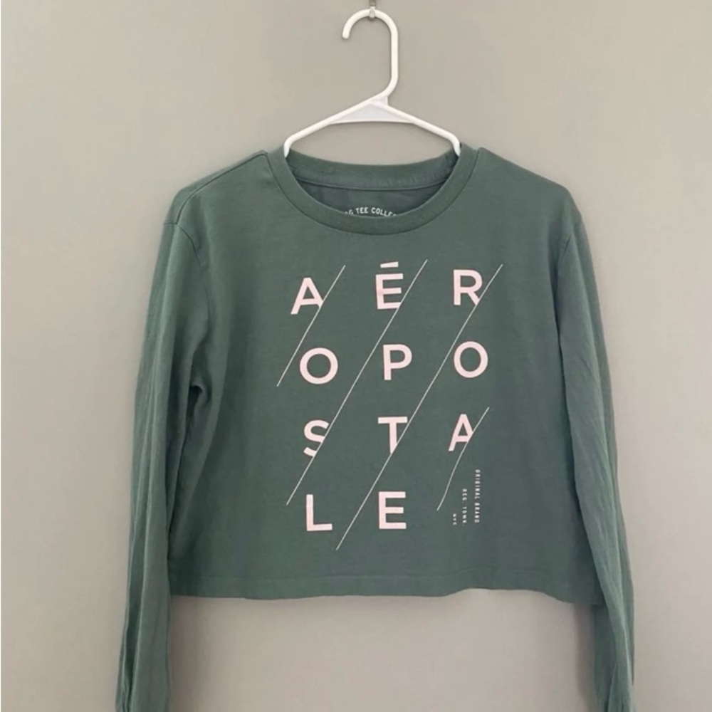 Aeropostale Olive Green Cropped Diagonal Logo Graphic Print Tomboy Crew Tee S